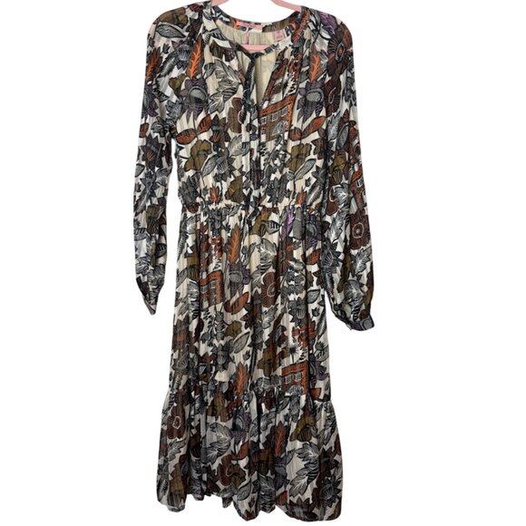 Scotch & Soda Boho Floral Flowy Midi Dress Long Sleeve Tiered Skirt Size S 70s - Picture 4 of 15